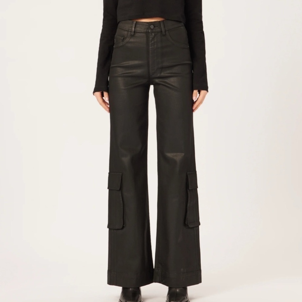 DL1961 Hepburn Wide Leg High Rise Vintage Black Coated Cargo Jeans Pants Sz 33